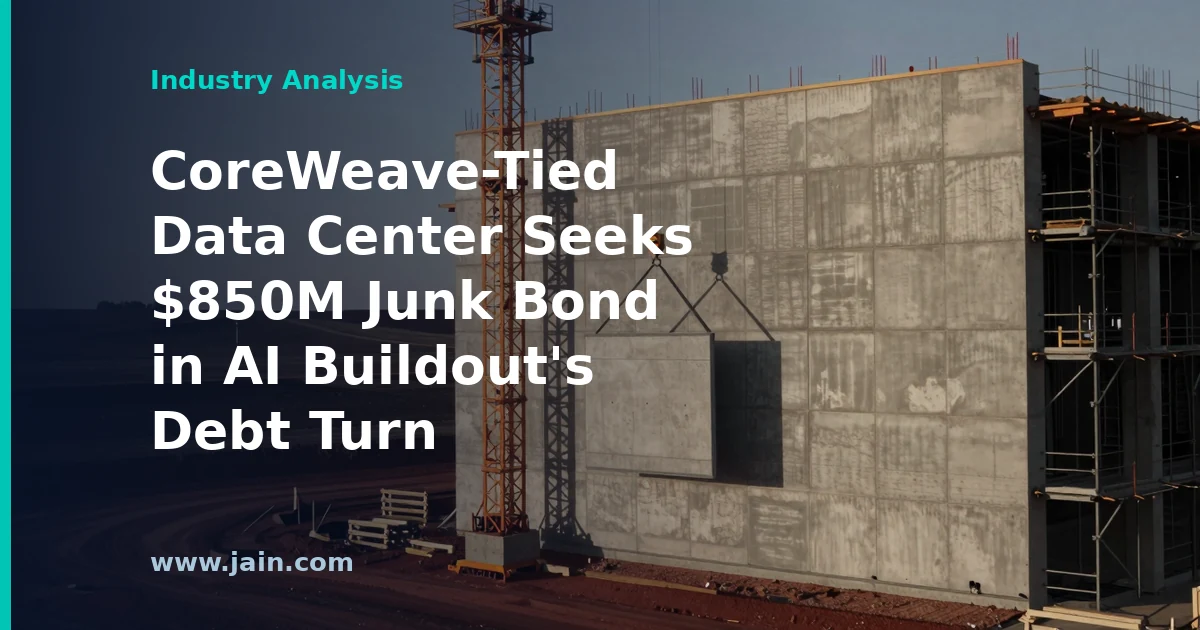 Data center corridor overlaid with bond market imagery, illustrating an $850M junk bond sale funding AI infrastructure