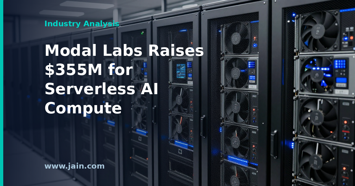Stylized GPU racks with orchestration layer diagram representing Modal Labs' serverless AI infrastructure funding