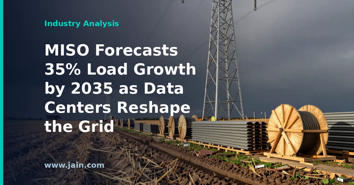 Transmission lines and a data center campus illustrating MISO's 35% load growth forecast by 2035