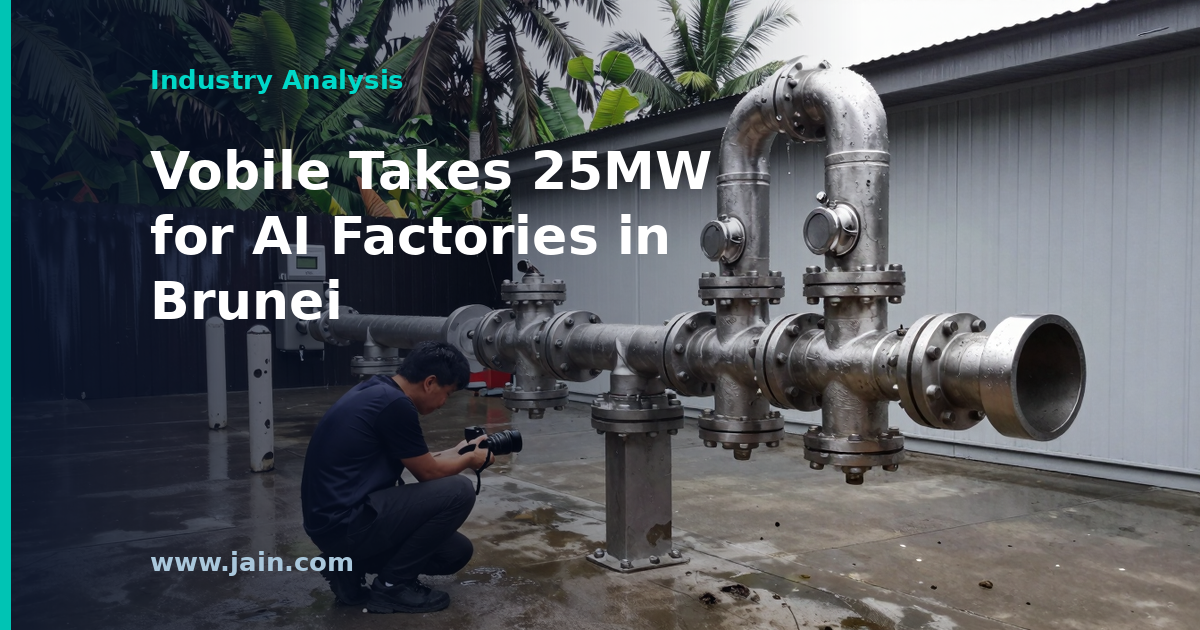 Submarine cable landing station in Brunei beside a liquid-cooled AI data center hosting Vobile's 25MW allocation