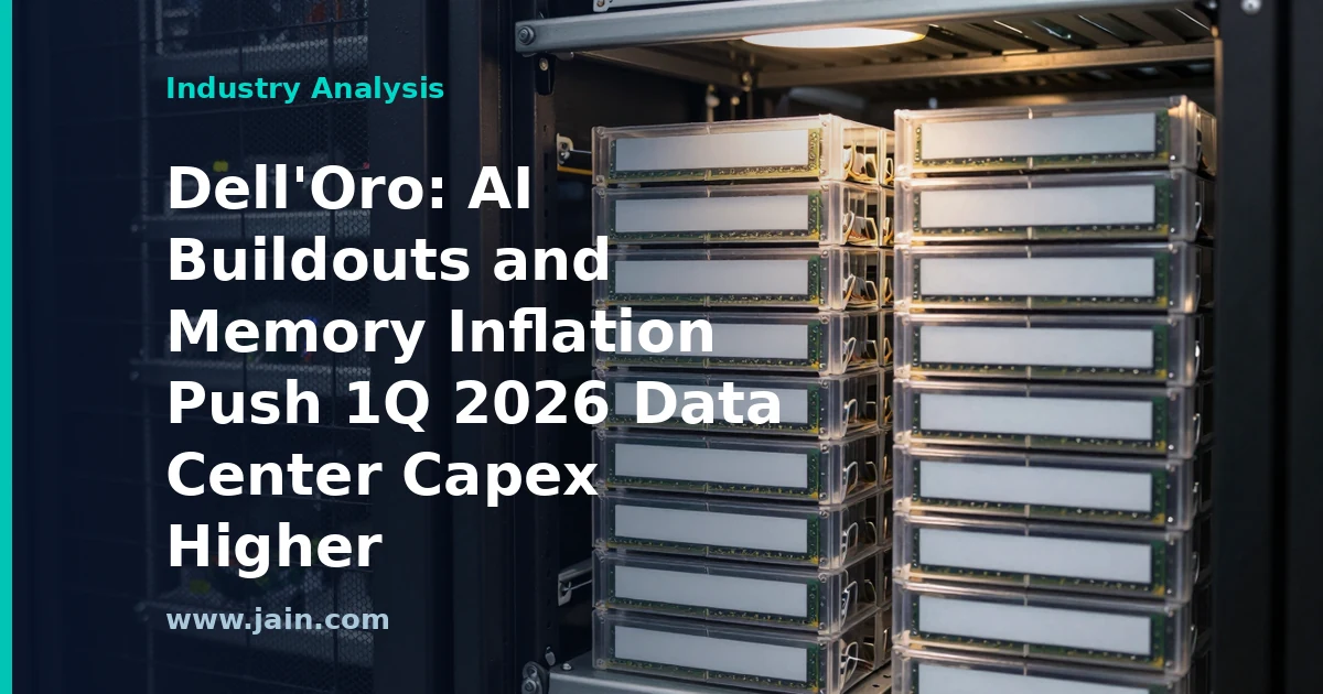 Rows of AI server racks in a modern data center, illustrating rising data center capex in 1Q 2026
