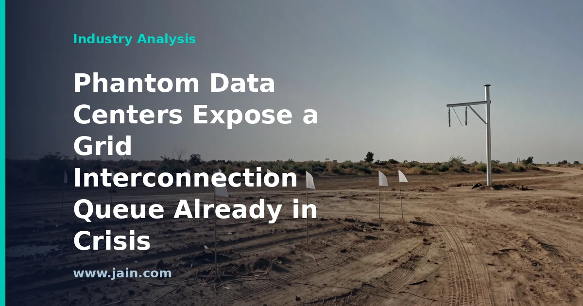 Phantom data centers as translucent outlines beside power grid transmission lines and a crowded interconnection queue