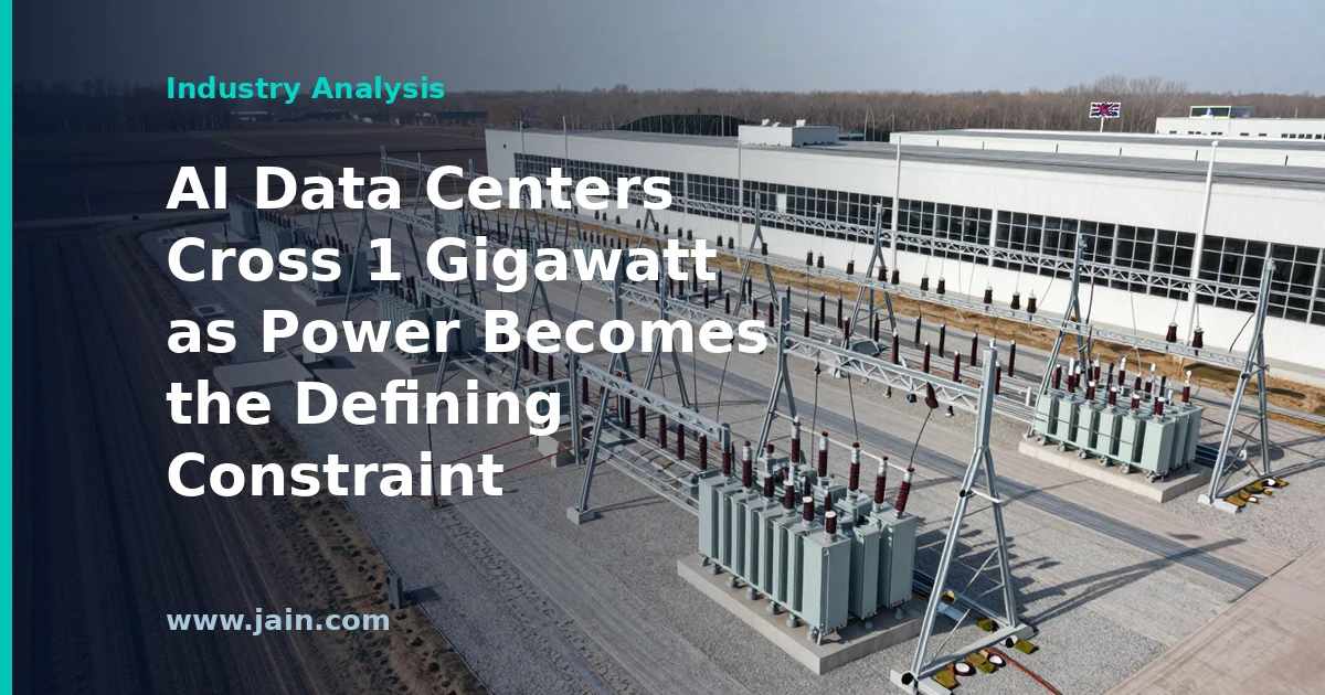 Gigawatt-scale AI data center campus beside high-voltage power transmission lines on the U.S. grid