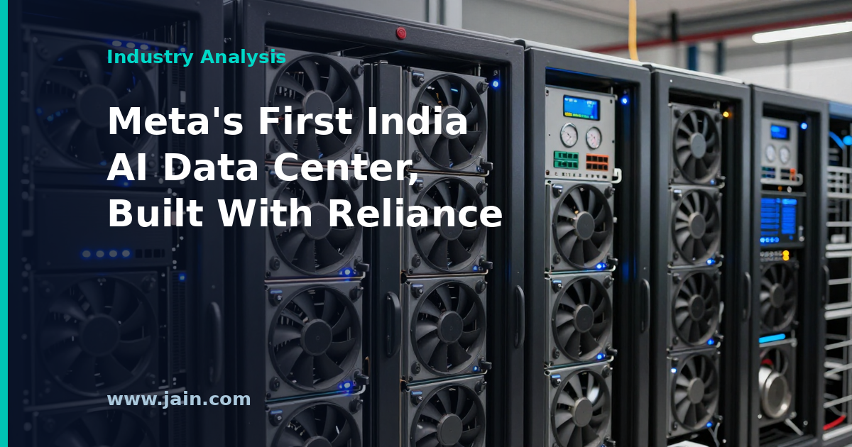 Meta and Reliance partner on Meta's first AI data center in India, server racks with India outline