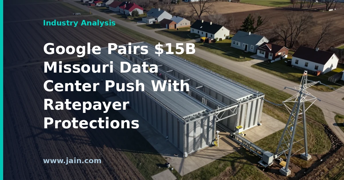 Hyperscale data center campus beside high-voltage power lines, representing Google's $15B Missouri data center expansion