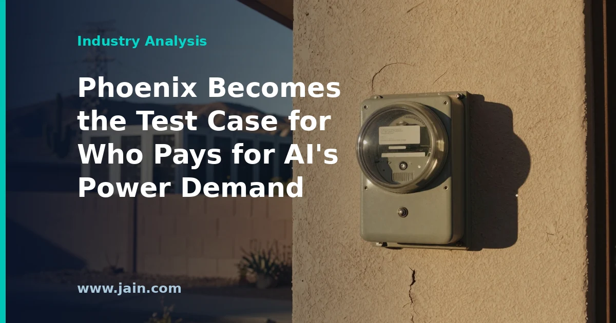 Power transmission lines feeding Phoenix data centers, symbolizing AI power demand and grid costs