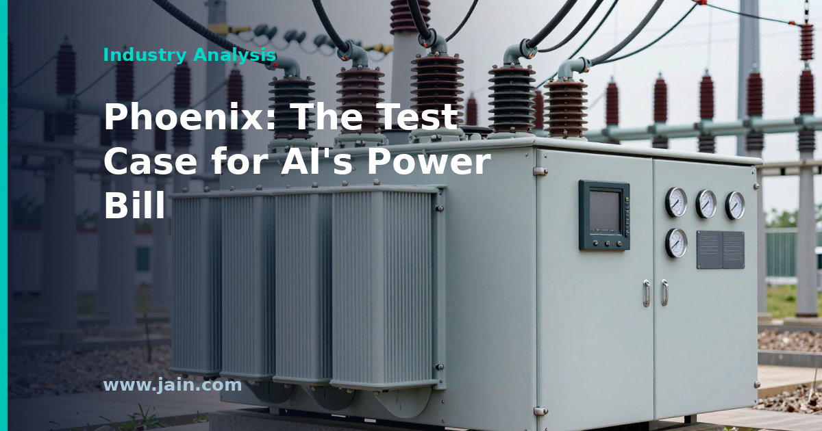 Power transmission lines feeding Phoenix data centers, symbolizing AI power demand and grid costs