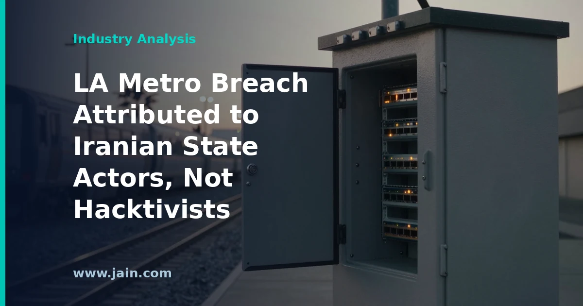 Los Angeles Metro rail platform overlaid with warning code, illustrating the LA Metro breach by state-backed hackers