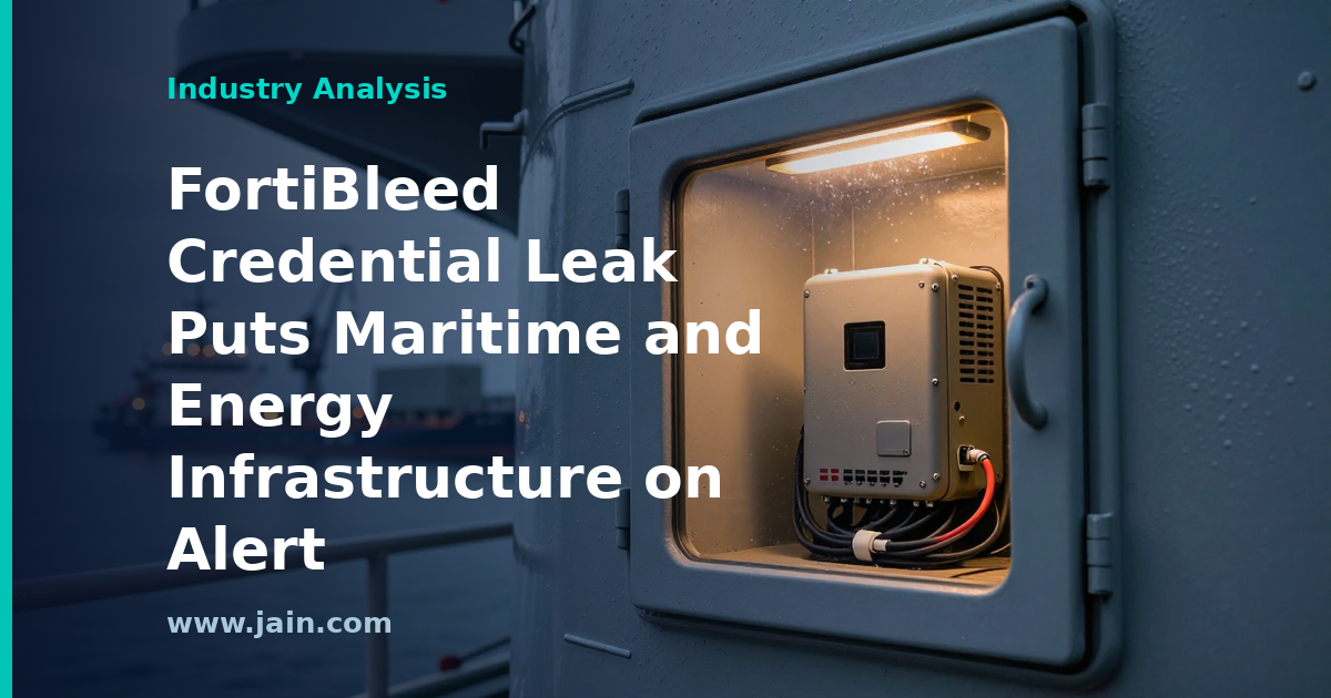 Cargo ship and power grid linked by a network with a leaked-credential breach point, illustrating the FortiBleed credential leak