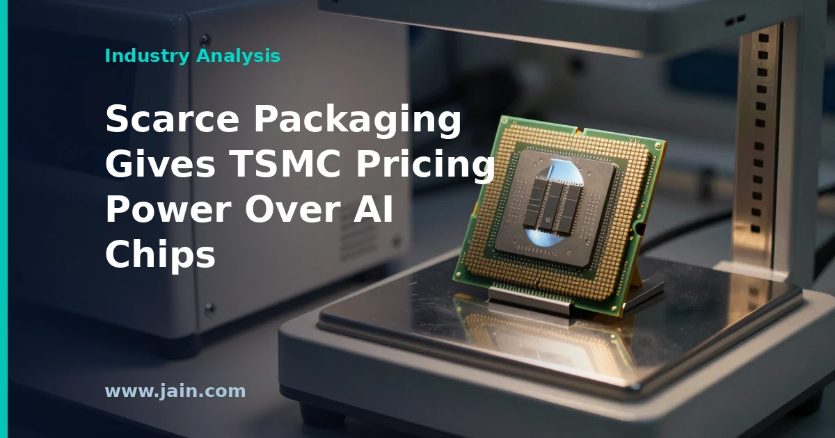 TSMC CoWoS advanced packaging module with GPU compute dies and HBM stacks, illustrating a reported 20% price hike