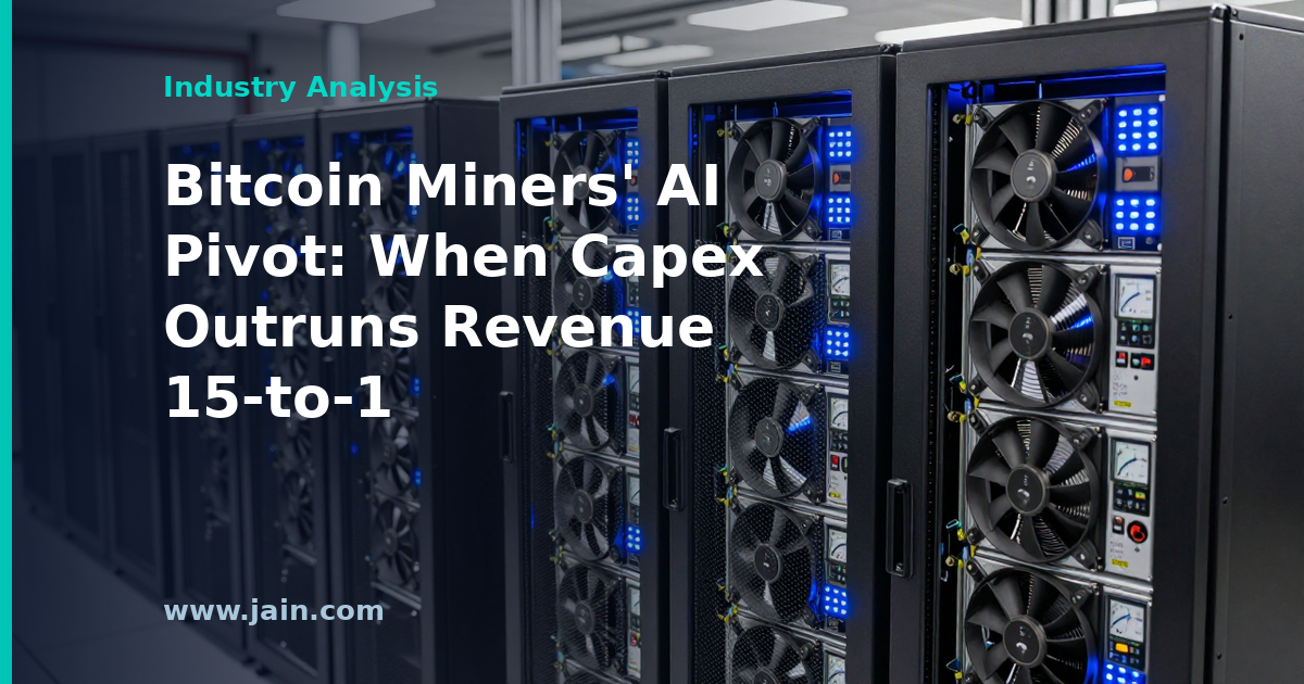 Bitcoin mining data center converting to AI infrastructure with GPU racks, capex outpacing revenue