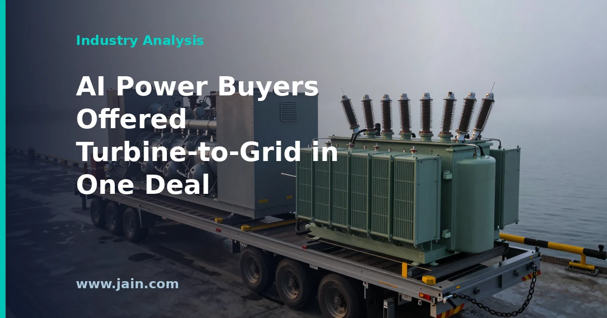 Gas turbine and high-voltage grid equipment powering a data center, illustrating the Hitachi Energy and Ansaldo Energia partnership