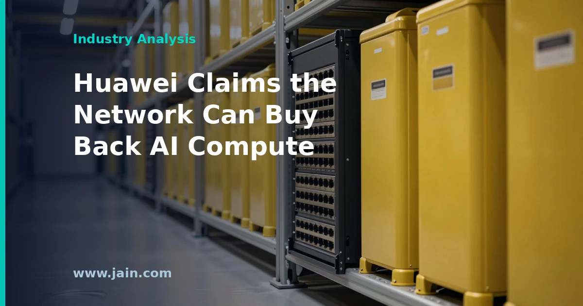 Rows of high-capacity data center switches linked by fibre optic cables, illustrating Huawei's Stellar Intelligent Network AI fabric