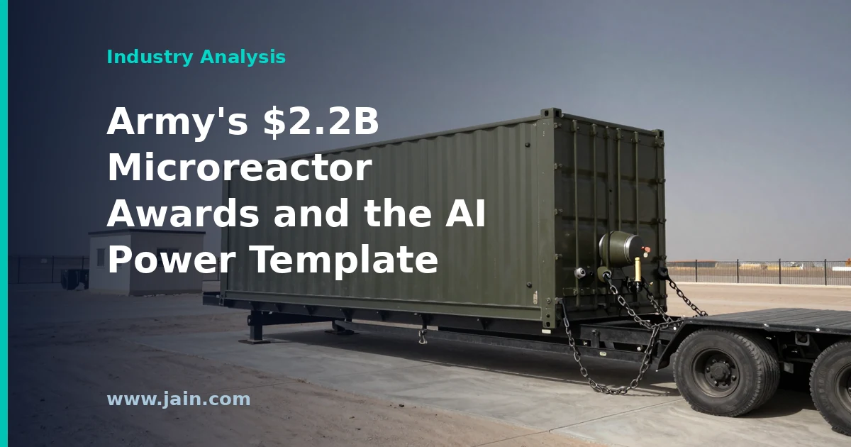 Compact microreactor unit powering a U.S. Army base, illustrating on-site nuclear power for critical loads