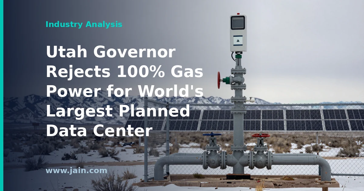Gas turbines beside a vast planned data center campus in Utah's desert, power lines overhead
