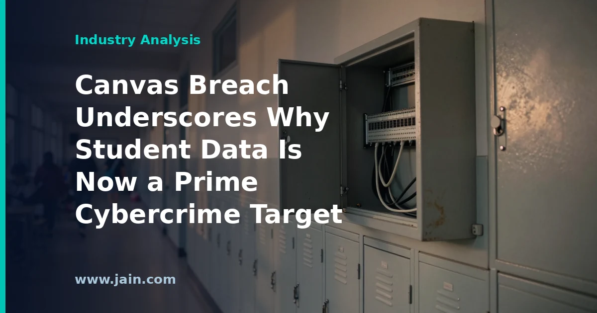Student data breach concept: school laptop with Canvas LMS under a cybercrime threat