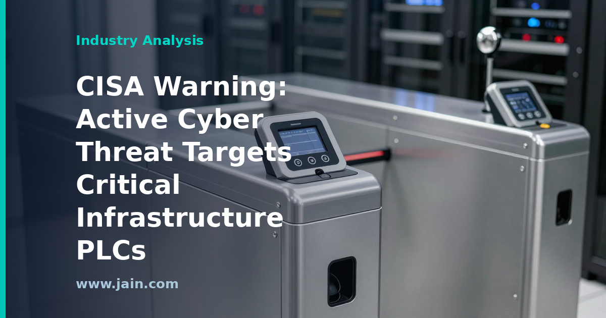 Industrial control panel with programmable logic controllers under a cyber threat warning overlay
