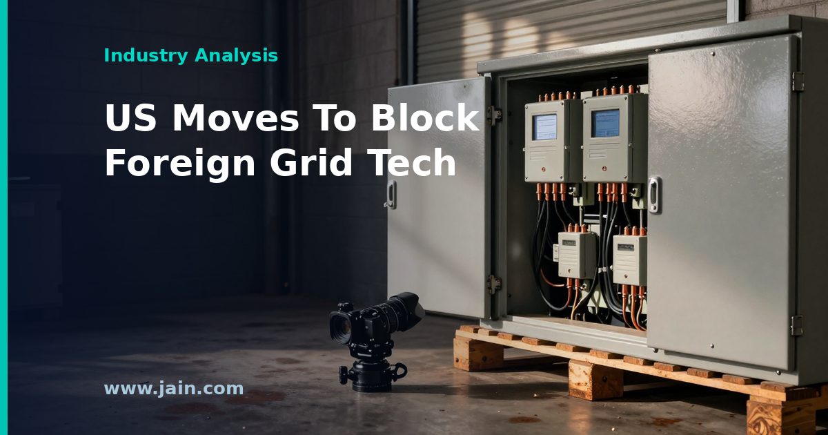 US electrical substation with transformers under a policy-review spotlight, illustrating grid supply-chain security