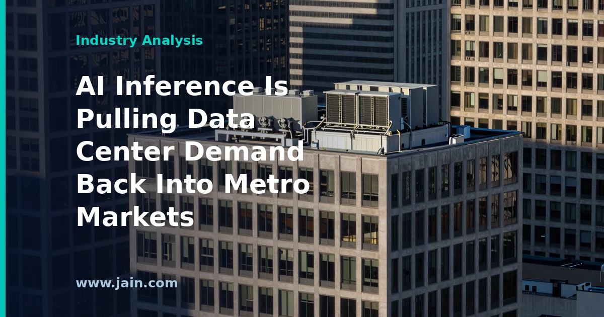 Metro skyline data center with network links, illustrating AI inference moving to city facilities