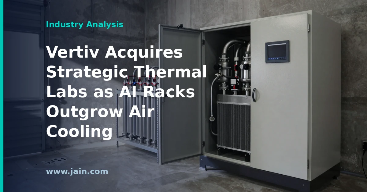 Liquid cooling pipes and cold plates on AI server racks after Vertiv's Strategic Thermal Labs acquisition