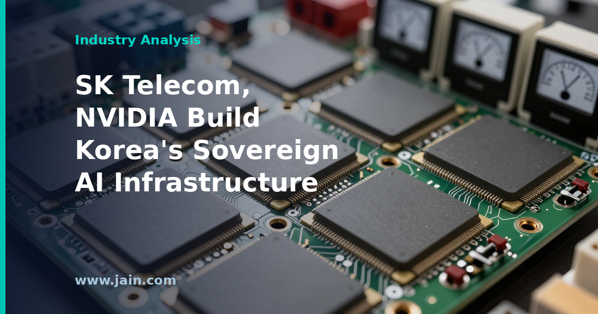 Sovereign AI infrastructure concept: GPU data center racks with South Korean flag motif for SK Telecom and NVIDIA partnership