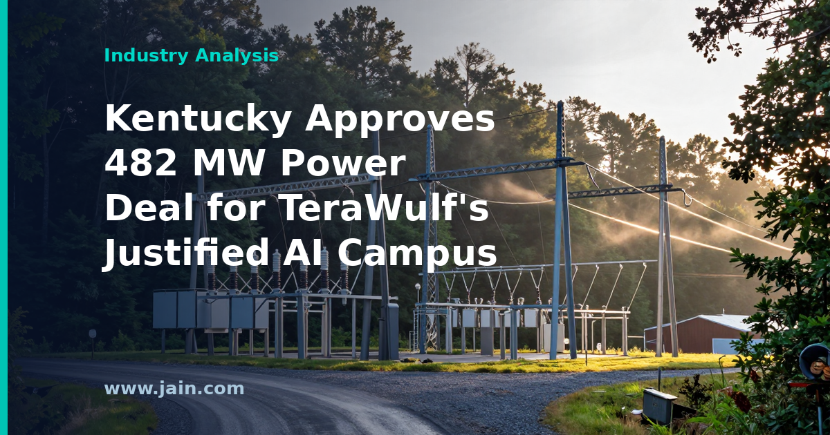 Transmission lines feeding a large AI data center campus, representing TeraWulf's 482 MW Kentucky power approval