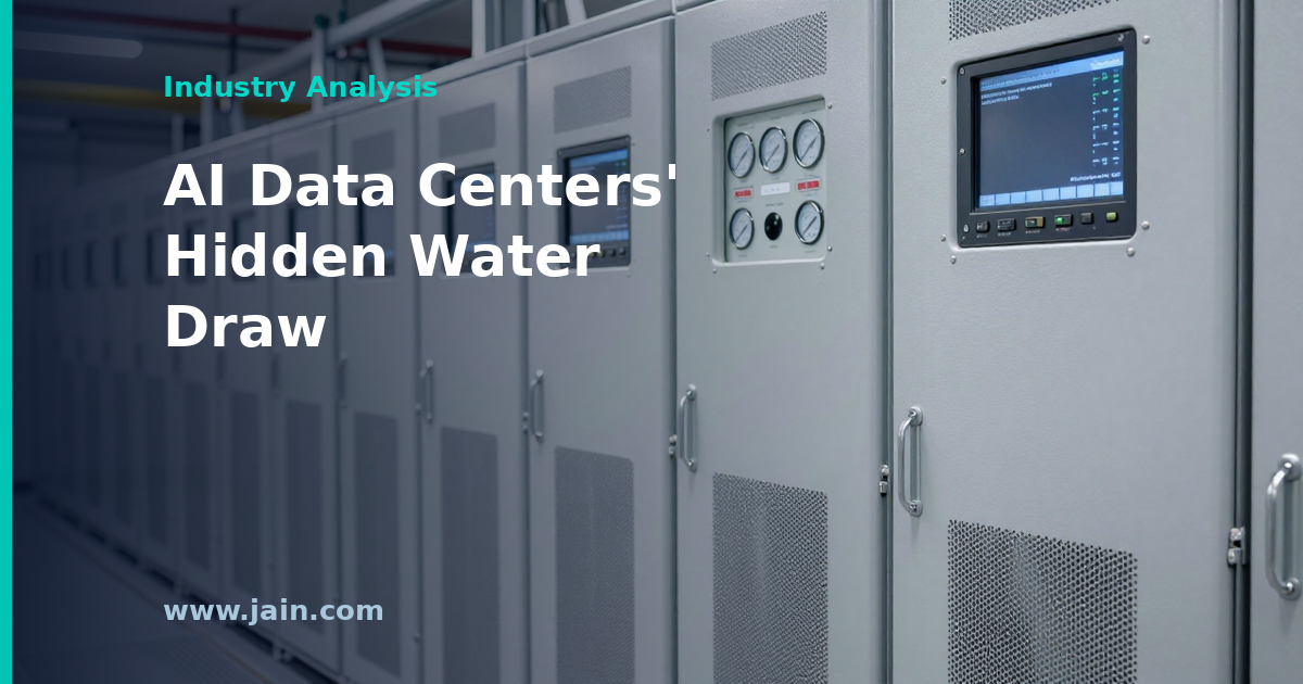 Cooling towers venting vapor beside a large AI data center campus, illustrating hidden data center water use
