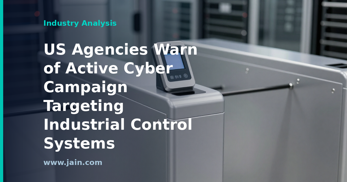 Industrial control panel with PLCs under cyber threat warning targeting critical infrastructure