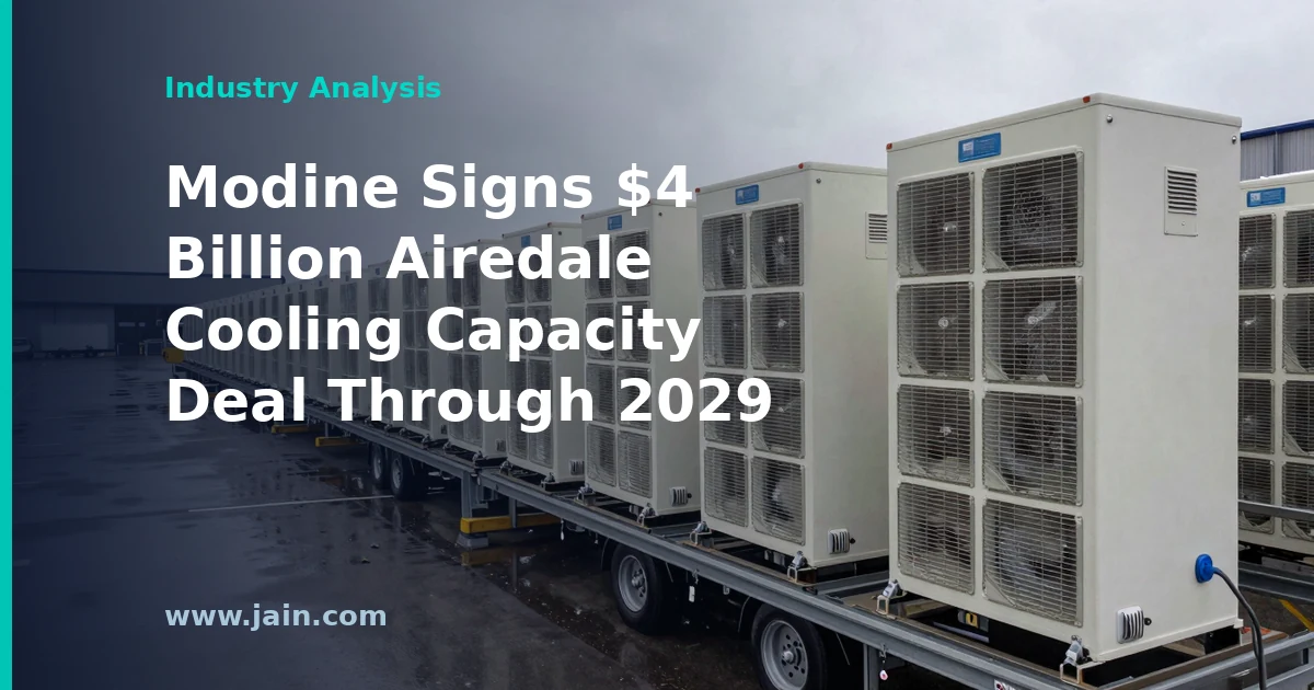 Rows of industrial data center cooling units representing Modine's $4 billion Airedale capacity agreement