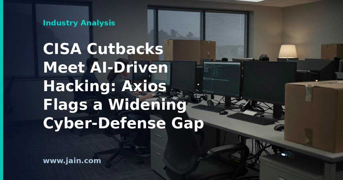 Eroding federal cyber-defense shield beside a rising AI-driven hacking threat curve, illustrating the CISA capacity gap