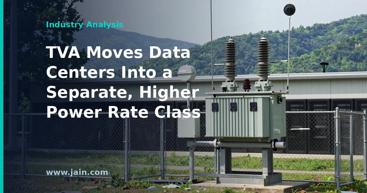 High-voltage transmission lines feeding a data center campus, illustrating TVA's separate data center power rate