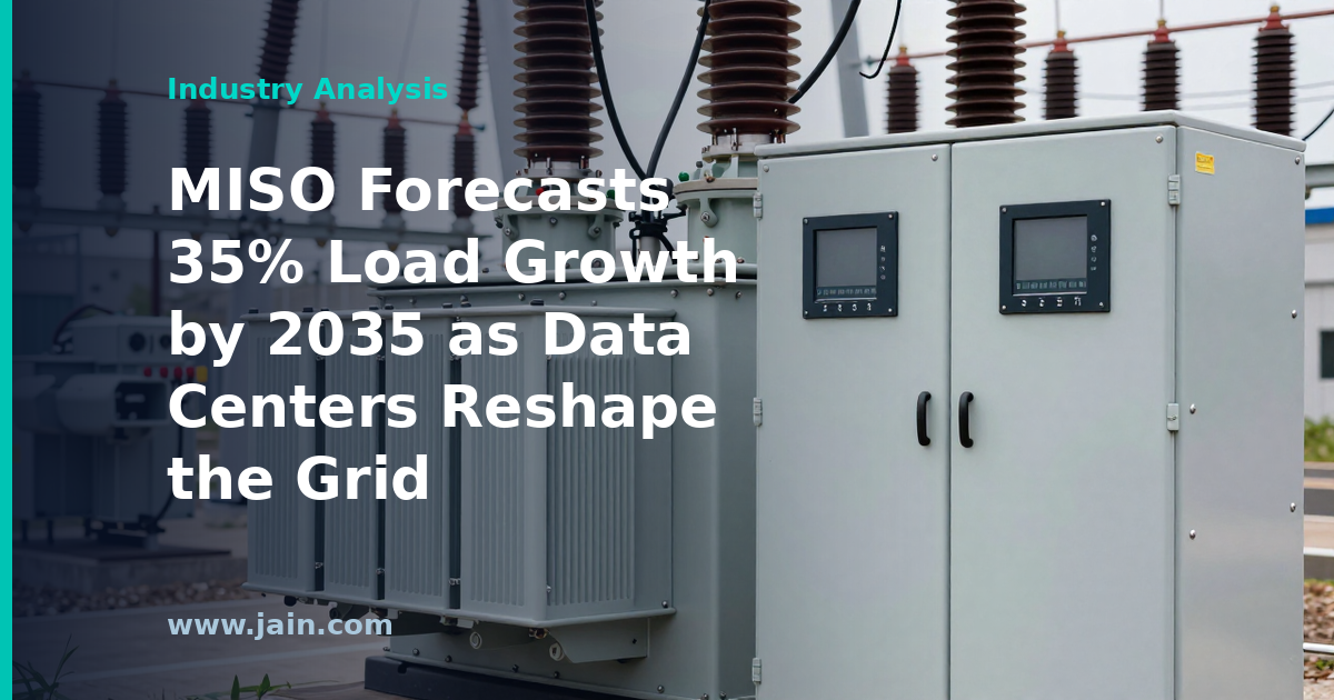 Transmission lines and a data center campus illustrating MISO's 35% load growth forecast by 2035