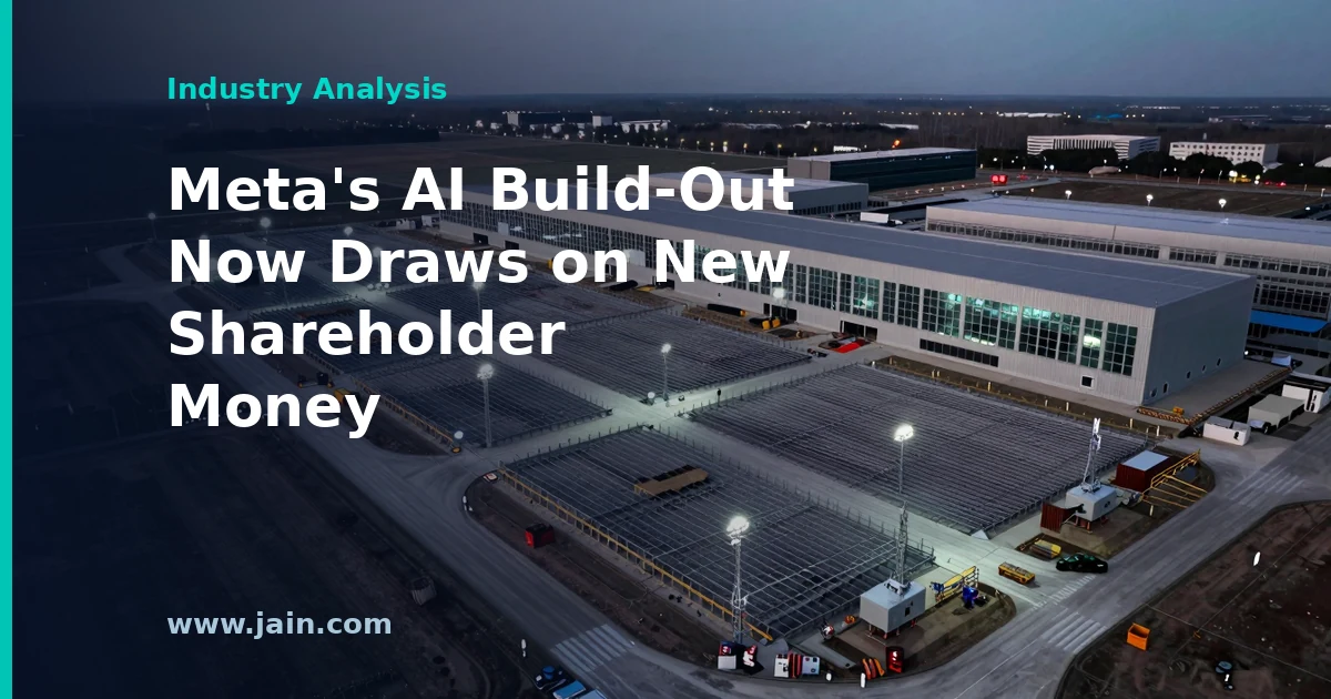 Data center server halls beside a rising stock chart, illustrating Meta's $37.5B convertible preferred and forward stock sale