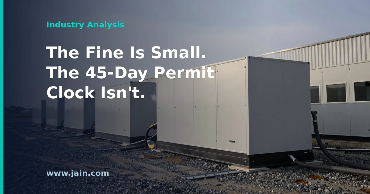 Rows of portable power generators at an AI data center construction site in Vineland, New Jersey, fined $1.07 million
