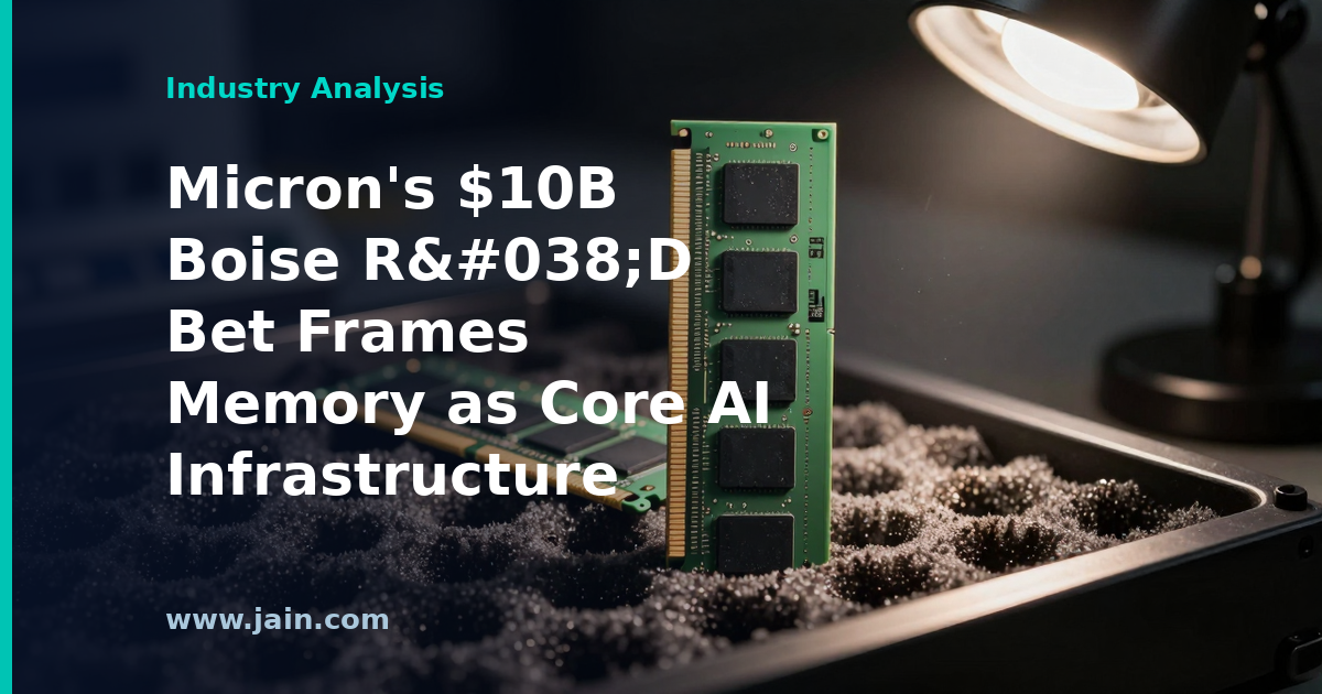Micron $10 billion Boise research facility rendering with AI memory chips in the foreground