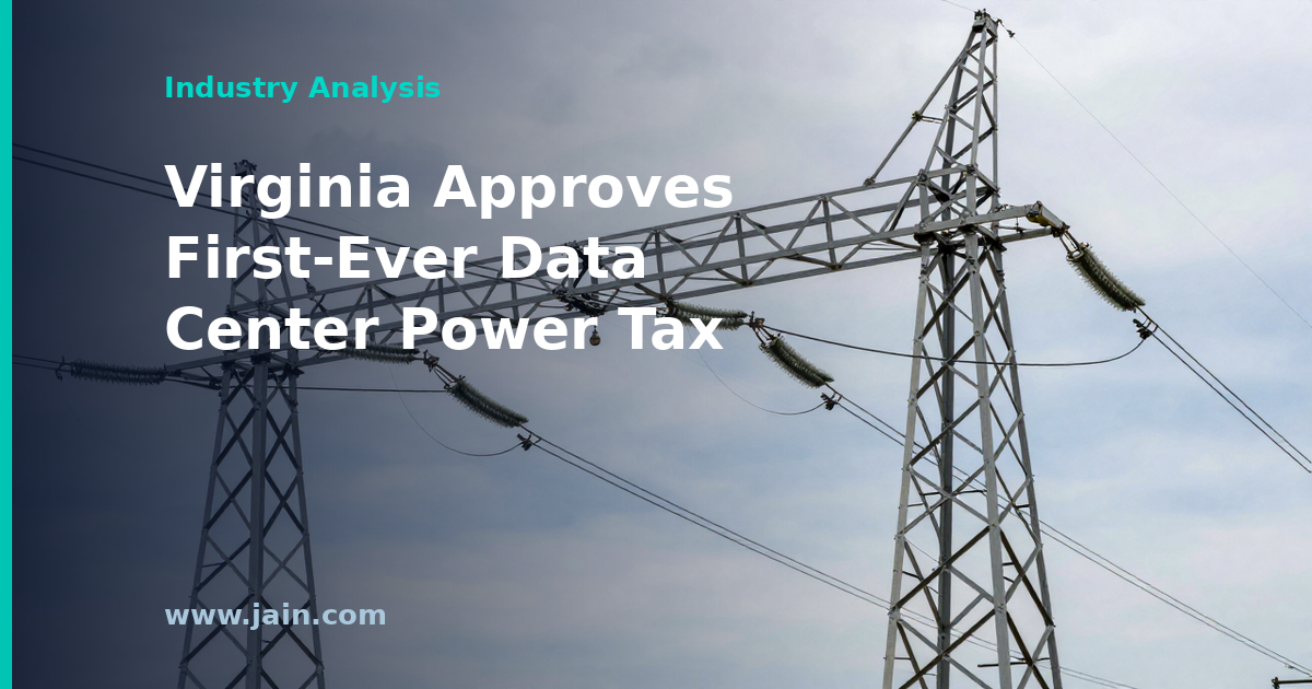 Data center power tax concept: Virginia data center rows beside high-voltage transmission lines