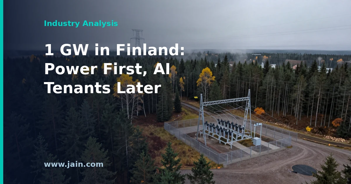 Applied Digital 1 GW Finland AI data center campus concept with power lines in a snowy Nordic landscape