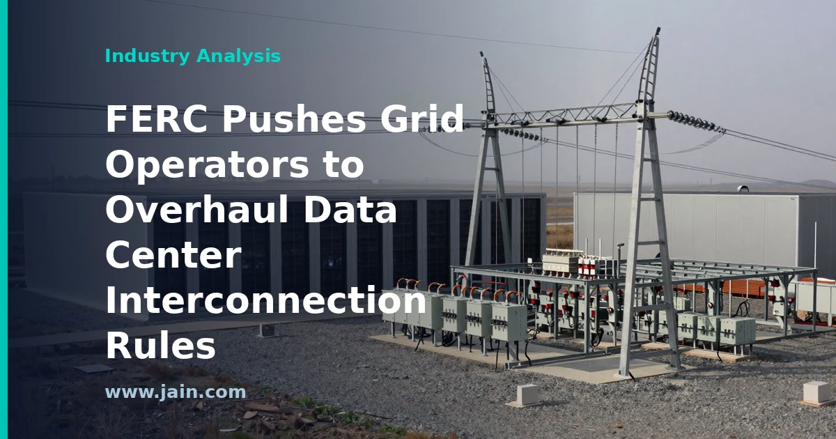 High-voltage transmission lines feeding a data center campus, symbolizing FERC data center power rules