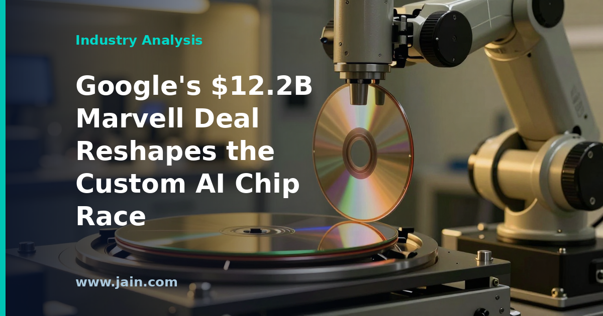Custom AI accelerator chips on a server board, representing Google's $12.2B Marvell partnership and the shifting AI silicon supply chain