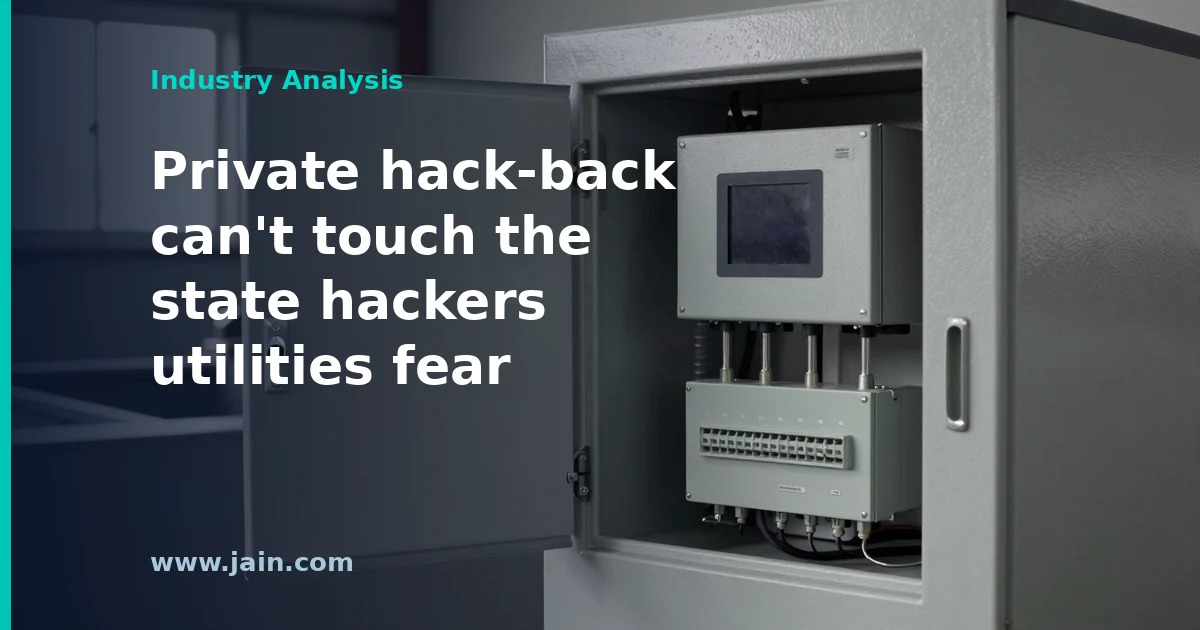 Illustration of the White House hack-back memo: private firms target foreign cybercrime servers while water utility controls stay exposed