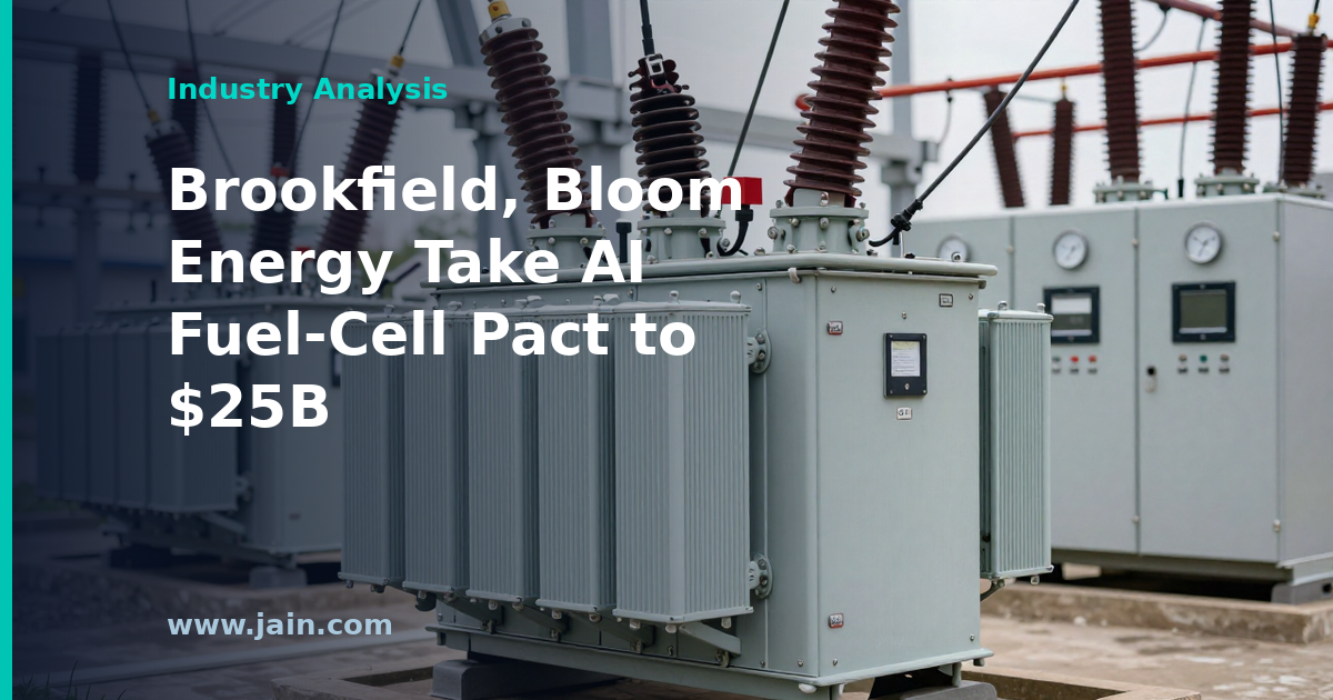 Fuel-cell modules powering an AI data center campus under the Brookfield–Bloom Energy $25 billion partnership