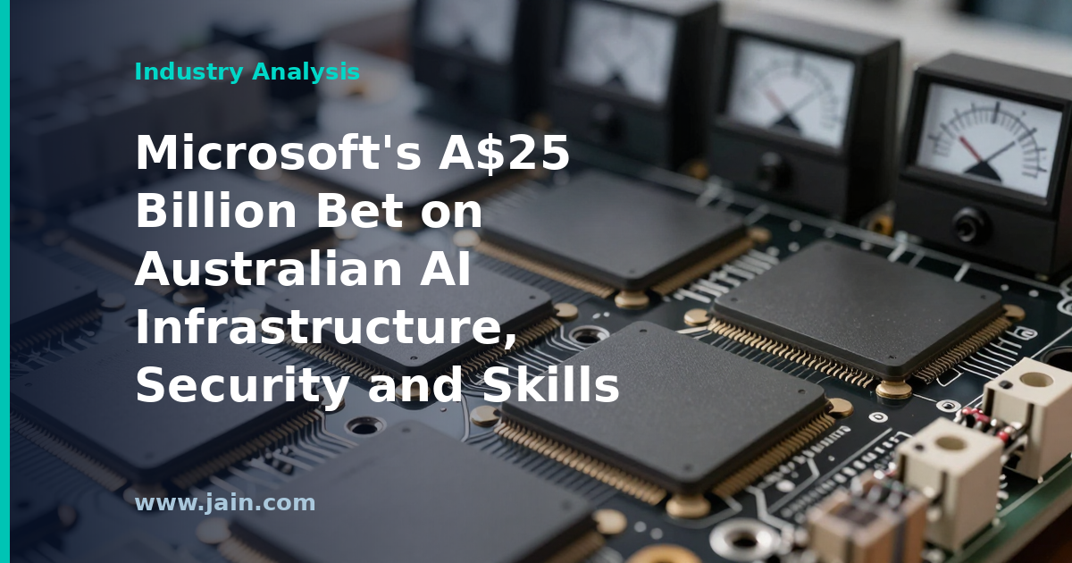 Data center racks beside an outline of Australia symbolizing Microsoft's A$25 billion Australian AI infrastructure investment