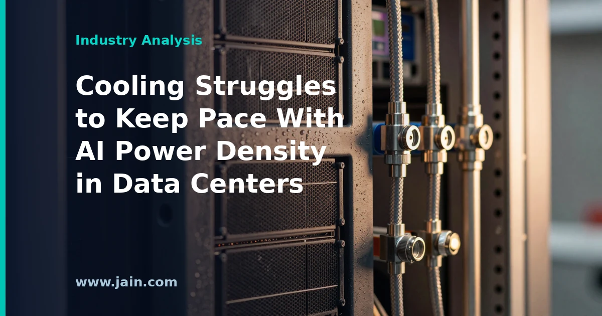 Liquid cooling pipes running to dense AI server racks as data center cooling strains to keep pace
