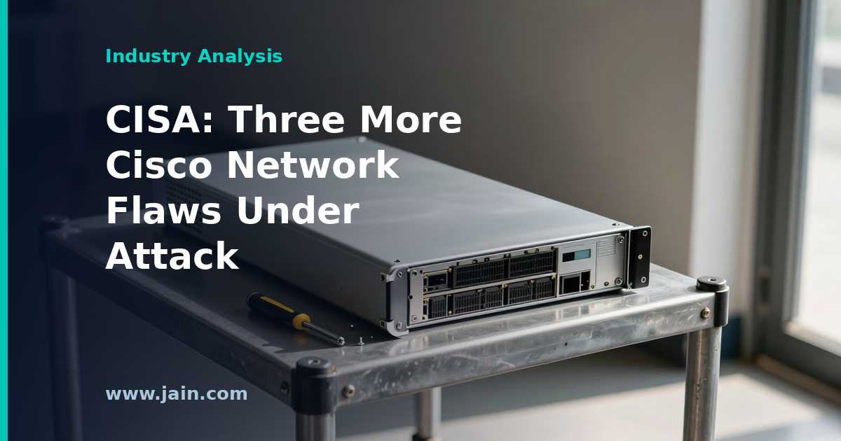 Network edge routers and firewalls in a data center rack, illustrating Cisco vulnerabilities confirmed exploited by CISA