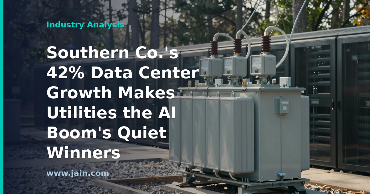 Transmission lines feeding a hyperscale data center campus, illustrating Southern Company's 42% data center electricity sales growth