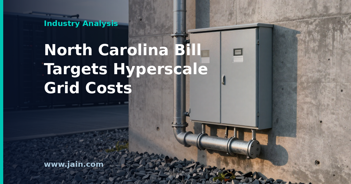 High-voltage transmission lines beside a hyperscale data center in North Carolina, illustrating proposed grid cost rules