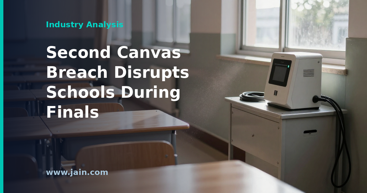 Empty university lecture hall with laptops showing an offline Canvas learning management system after a second data breach