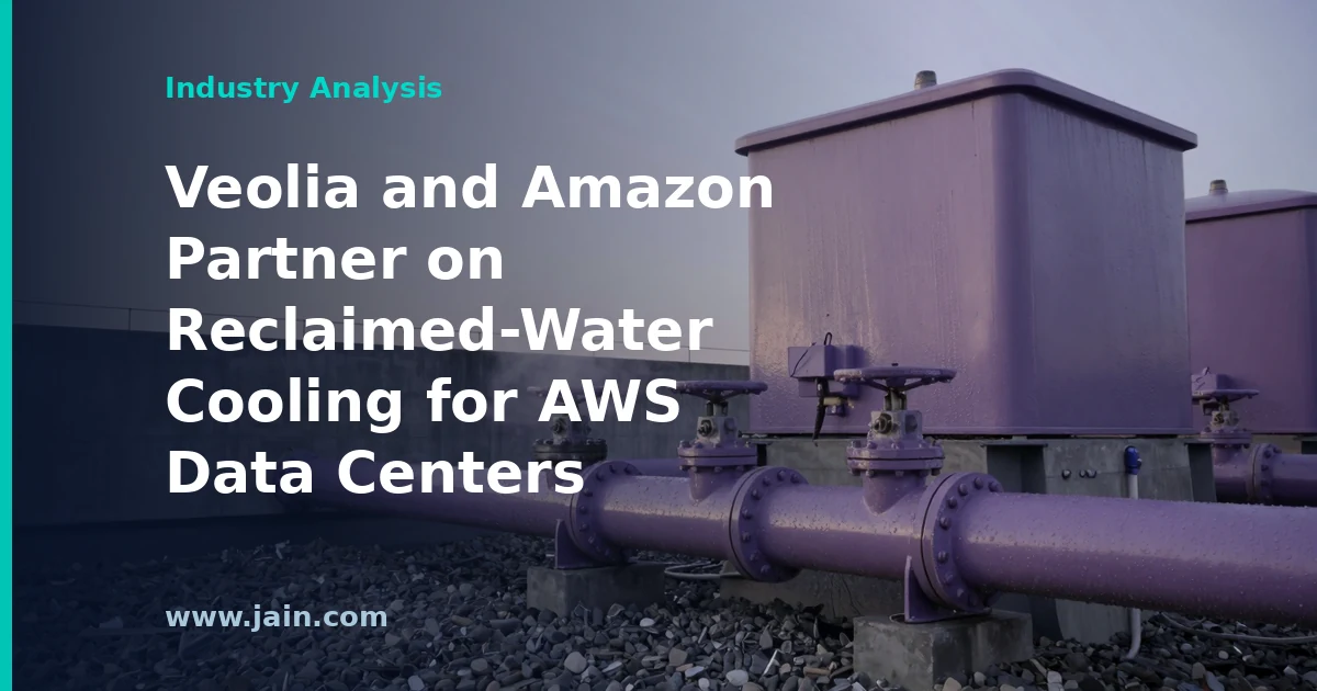 Reclaimed water pipes supplying a data center cooling system, illustrating the Veolia and Amazon partnership