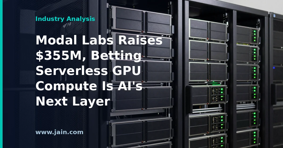 Stylized GPU racks with orchestration layer diagram representing Modal Labs' serverless AI infrastructure funding