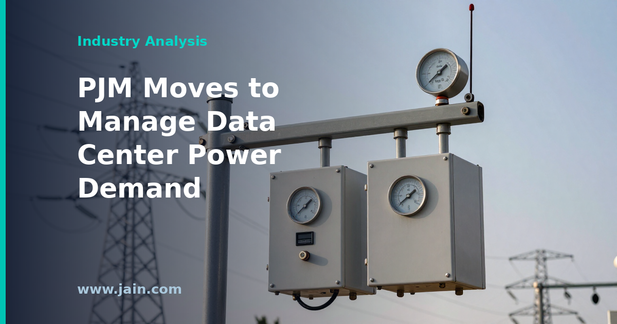 High-voltage transmission lines feeding a large data center campus on the PJM power grid